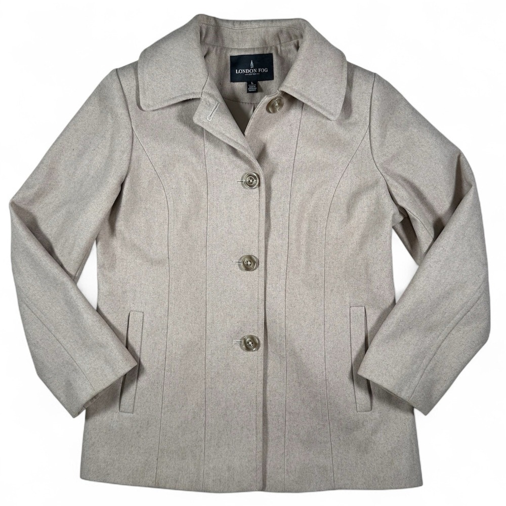 London Fog Womens Wool Blend Button‎ Front Coat Oatmeal Beige Size L